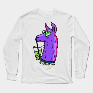 funky purple llamma wearing tessels and heartshaped sunglasses, drinking matcha bubble tea cute gift Long Sleeve T-Shirt